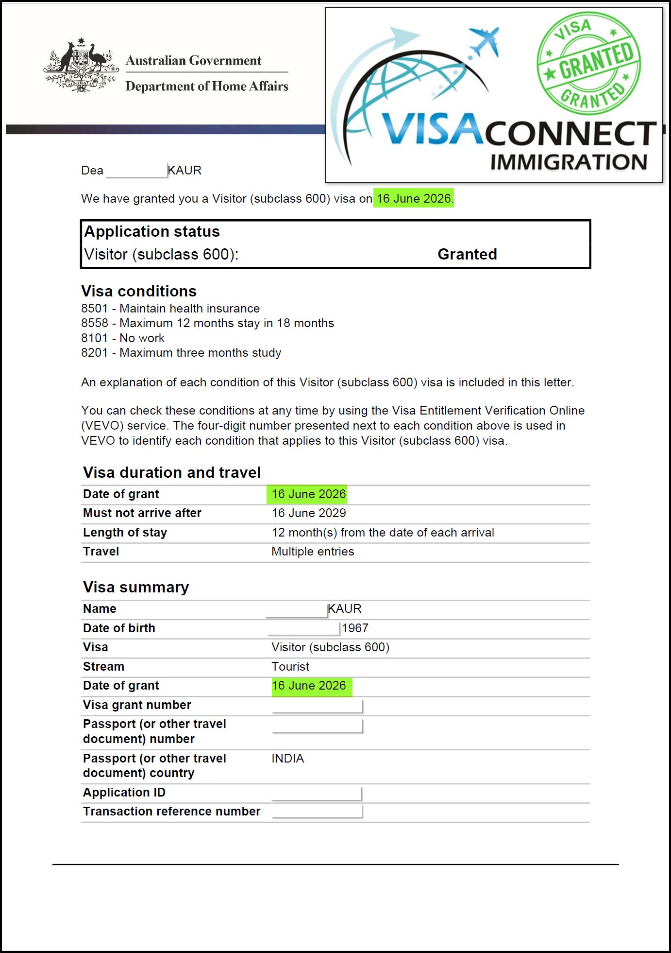 Visa Grant